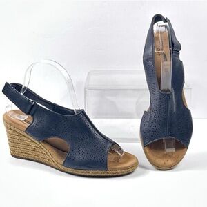 Clarks Lafley Rosen Wedge Sandals in Navy  Leather Slingback Sandals Size 8.5